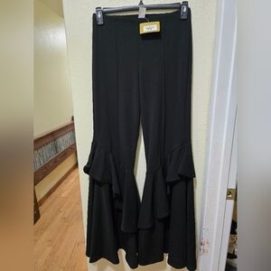Rodeo Quincy Senorita Bells Black Ruffle Hem Wide Leg Pants